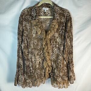 Fashion Bug Lace Ruffle Cheetah Sheer Button Up Top 22/24W Dressy Party Blouse